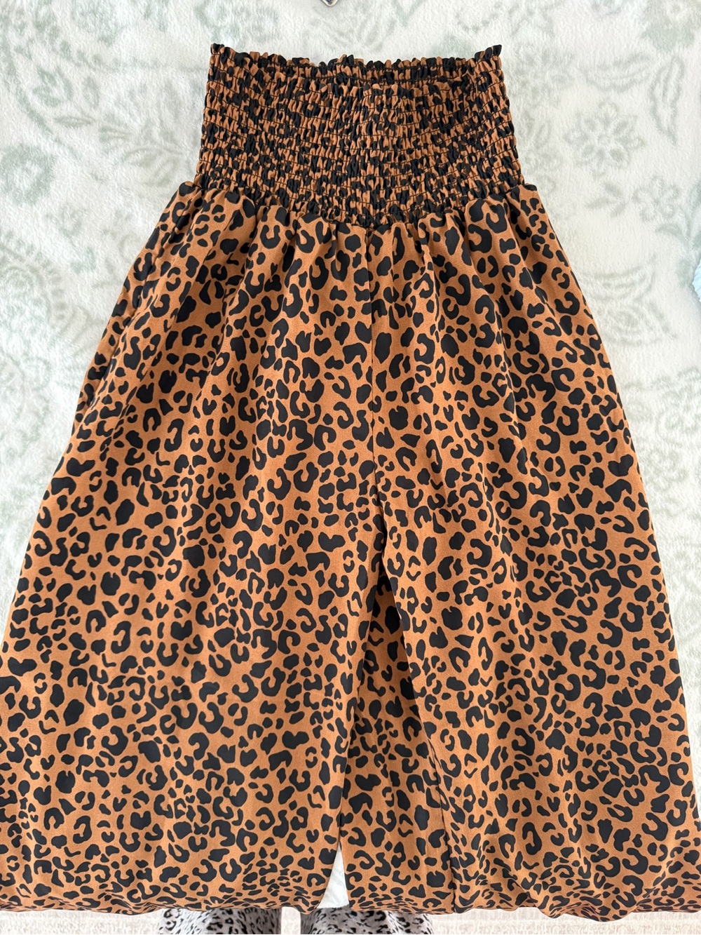 Smocked Waist Leopard Print Midi Skirt - Black on Tan